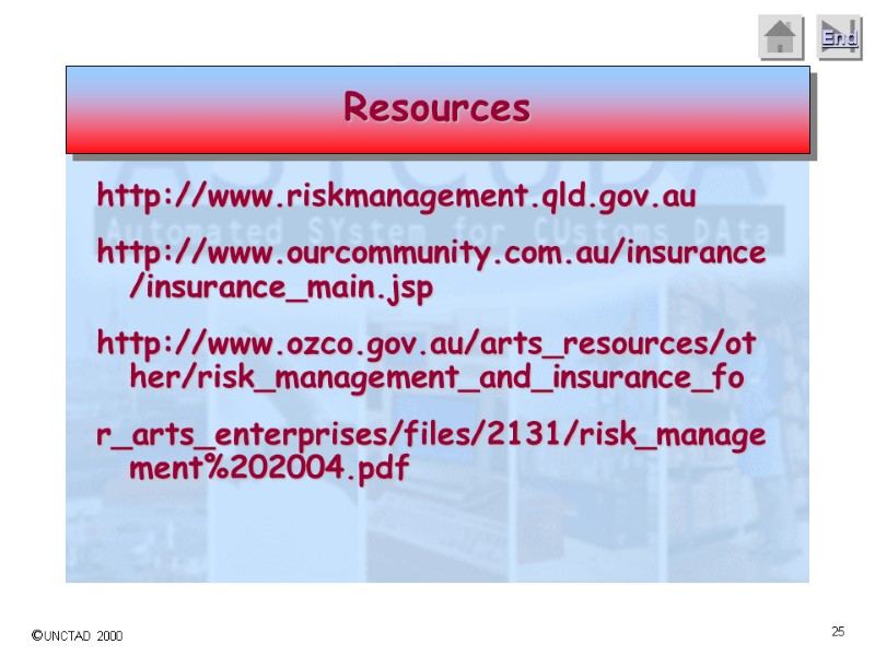 http://www.riskmanagement.qld.gov.au http://www.ourcommunity.com.au/insurance/insurance_main.jsp http://www.ozco.gov.au/arts_resources/other/risk_management_and_insurance_fo r_arts_enterprises/files/2131/risk_management%202004.pdf Resources